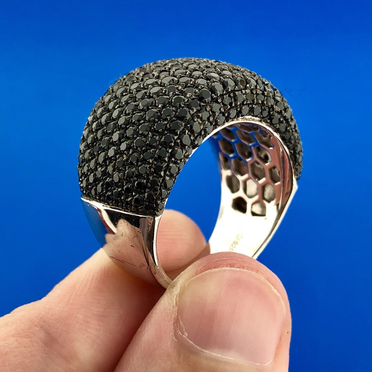Dramatic Designer Sterling Silver 925 Black Diamond Pave Statement Dome Ring