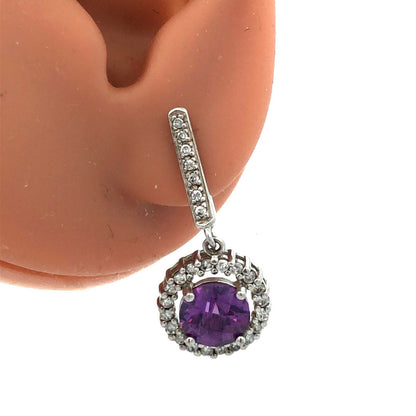 Designer Sterling Silver Round Purple Cubic Zirconia CZ Halo Dangle Earrings
