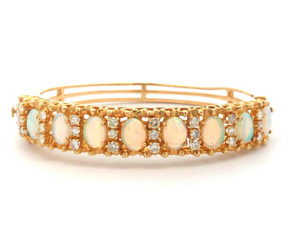 Vintage Jack Gutschneider 14k Yellow Gold Filigree Opal Diamond Cuff Bracelet