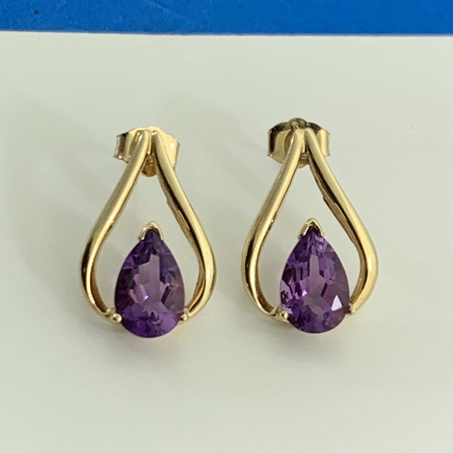 Designer 10K Yellow Gold Pear Shaped Amethyst Drop Stud Earrings