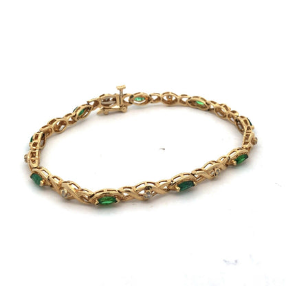 10K Yellow Gold Marquise Emerald Round Diamond X&O Tennis Bracelet