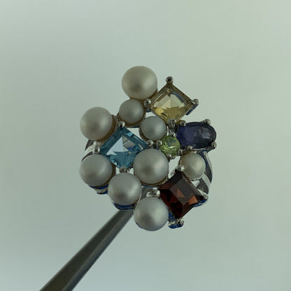 Designer Sterling Silver Mixed Gemstone Pearl Statement Modernist Cocktail Ring