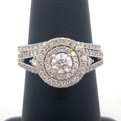 14K White Gold Brilliant Round Diamond Double Halo Engagement Wedding Bridal Set