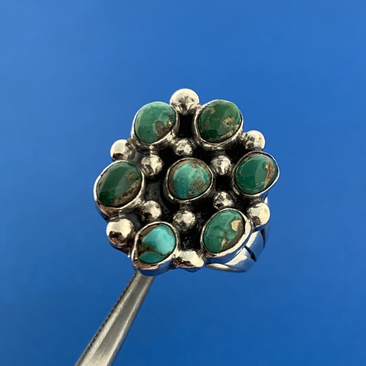 Stunning Sterling Silver 925 Green & Blue Turquoise Cluster Dome Ring Size 8
