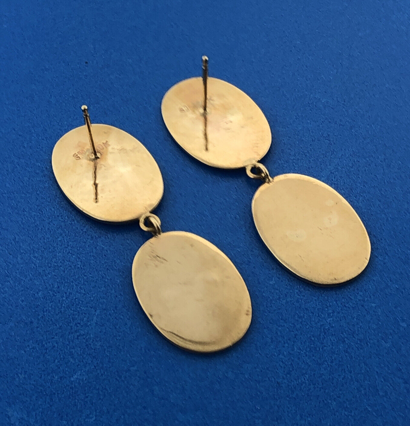 Vintage 10k Yellow Gold Double Oval Etched Floral Drop Dangle Stud Earrings