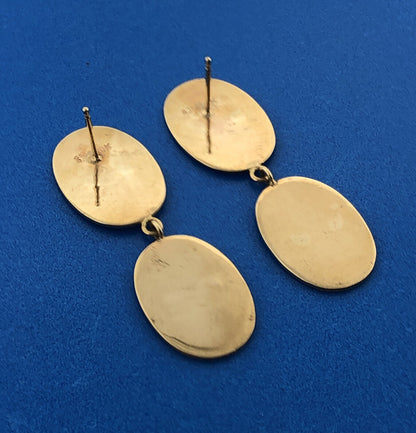 Vintage 10k Yellow Gold Double Oval Etched Floral Drop Dangle Stud Earrings