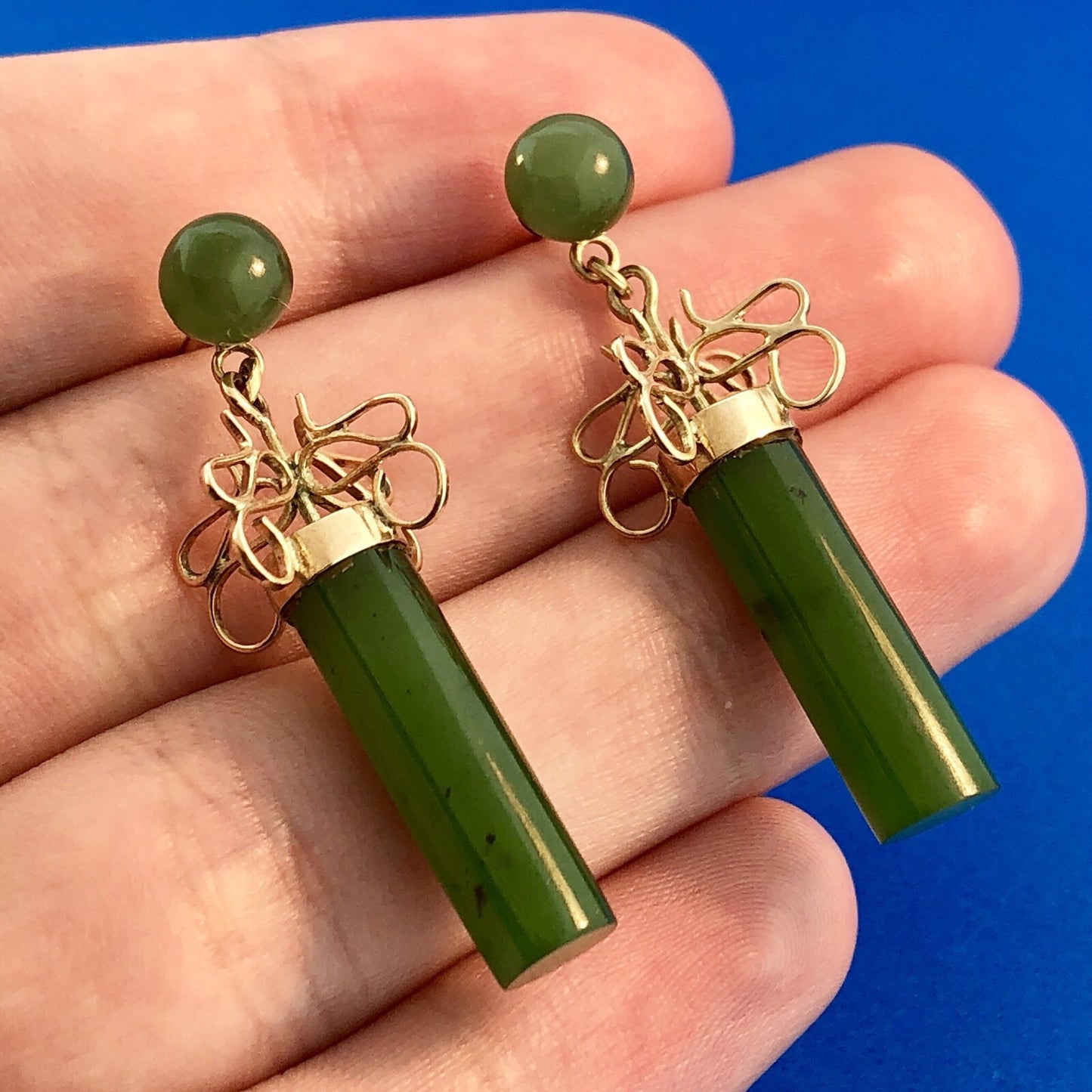 Vintage 14k Yellow Gold Jade Jadeite Modernist Drop Dangle Earrings