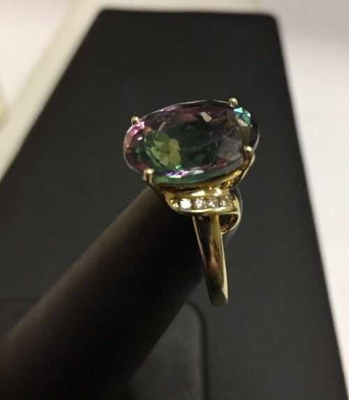 Stunning TJC 14K Yellow Gold Mystic Topaz Diamond Ring Size 6.75