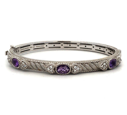 Judith Ripka 925 Sterling Silver Amethyst CZ Romance Hinged Bangle Bracelet