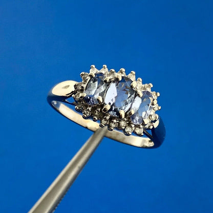 Gorgeous 10k White Gold Oval Cut Triple Tanzanite Diamond Accent Ring Size 7