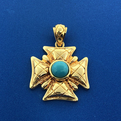 Designer Italy Sterling Silver Vermeil Gold Tone Turquoise Maltese Cross Pendant