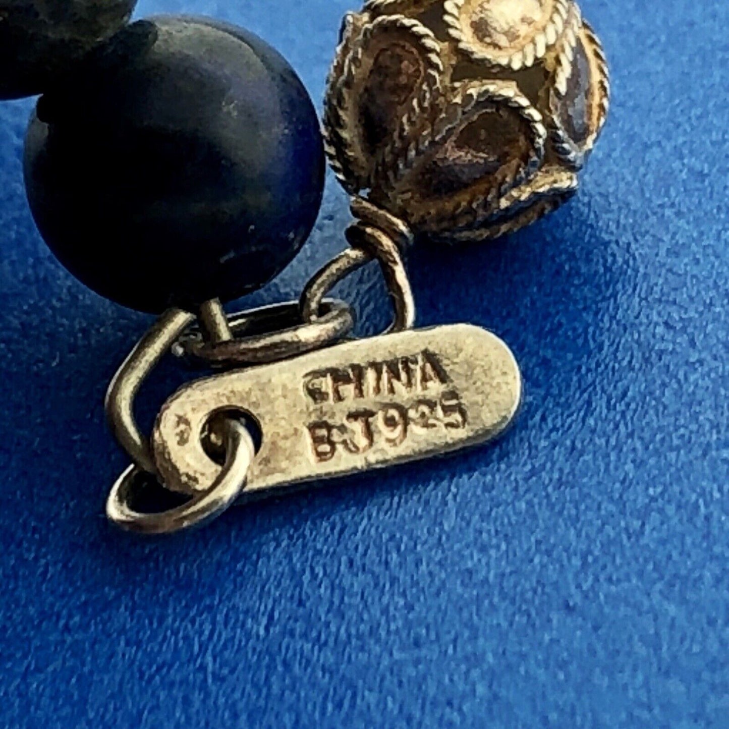 Sterling Silver 925 Lapis Ceramic Carved Cloisonne Bead Three Wrap Bracelet