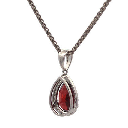 Designer 14K White Gold Pear Garnet Diamond Halo Drop Pendant Necklace