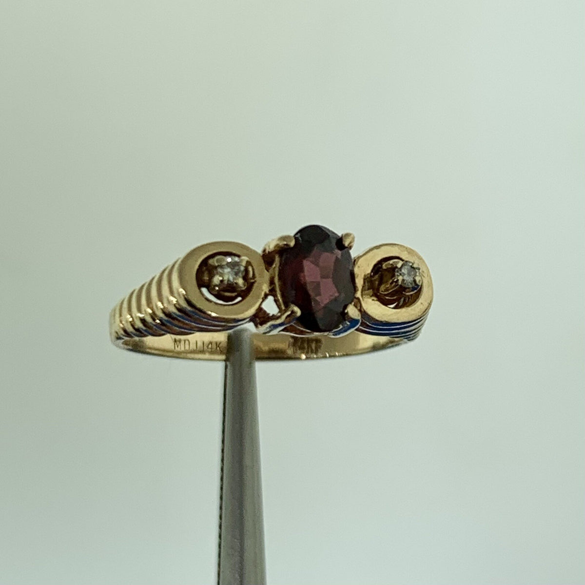 Designer 14K Yellow Gold Oval Garnet Diamond Accent Egyptian Style Ring