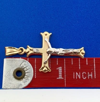 Vintage Designer 10K Yellow White Gold Crucifix Cross Religious Charm Pendant