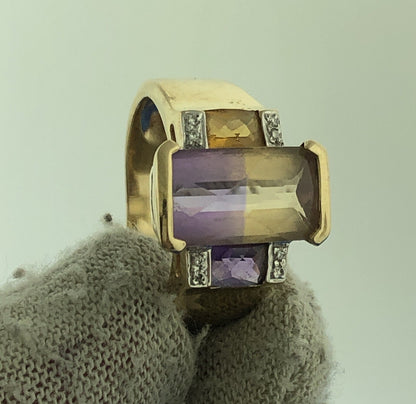 14k Yellow Gold Rectangular Faceted Ametrine Amethyst Citrine Ring Size 5.5