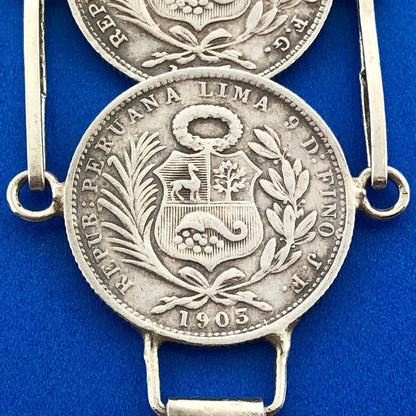 Vintage 925 Sterling Silver 900 Fine Peru 1/5 Sol Eight Coin Panel Bracelet