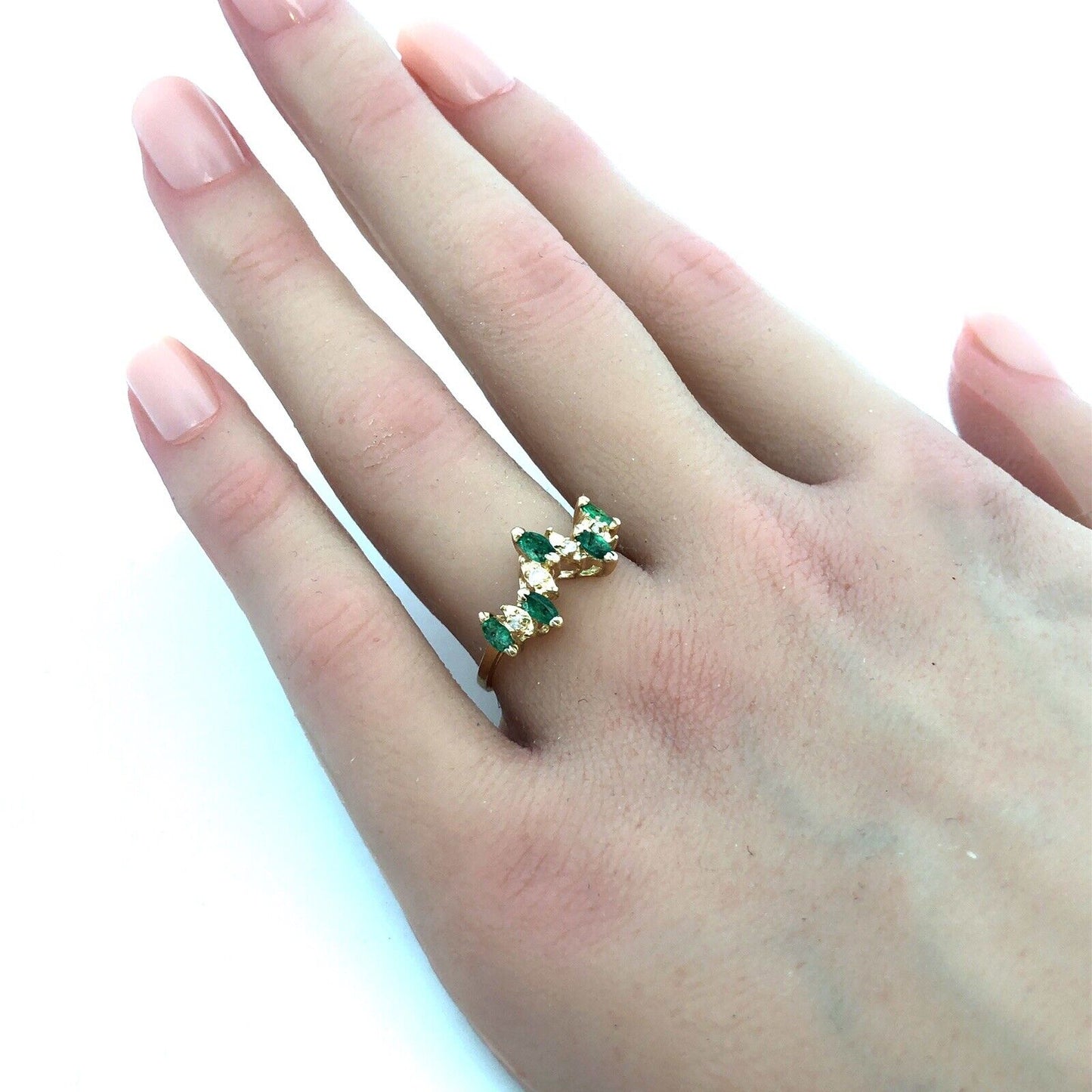 Estate 14K Yellow Gold Marquise Emerald Diamond Stacking Band Ring