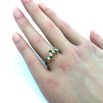 Estate 14K Yellow Gold Marquise Emerald Diamond Stacking Band Ring