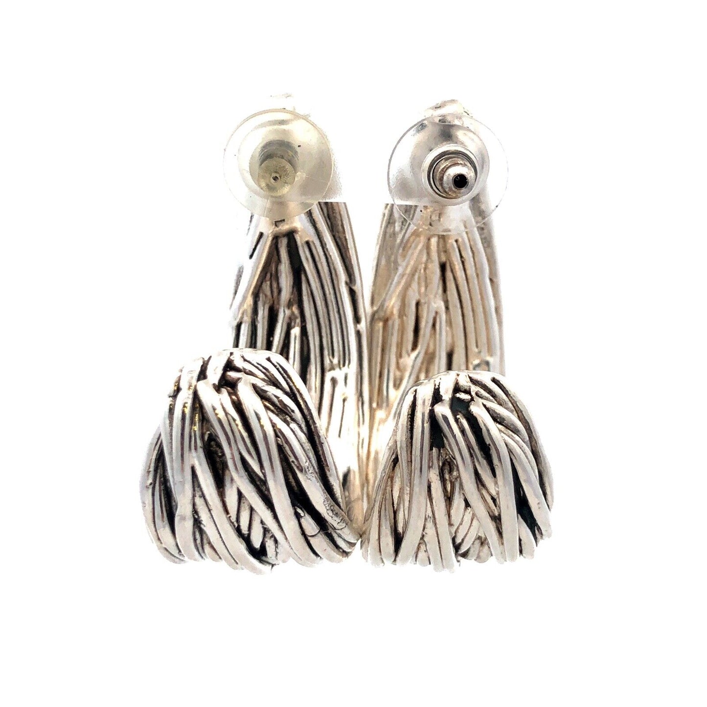 Estate Sterling Silver Textured Ribbed Modernist Drop Dangle Half Hoop Earrings