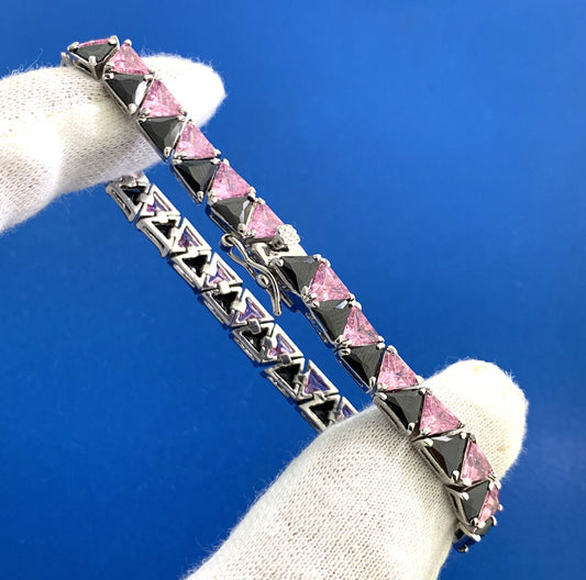 Designer UTC Pink Cubic Zirconia Black Onyx 925 Sterling Silver Tennis Bracelet