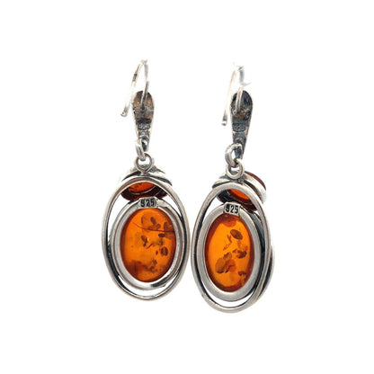 Estate Vintage 925 Sterling Silver Amber Cabochon Modernist Dangle Drop Earrings