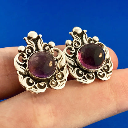 Taxco Ca 1940's ProSa Sterling Silver 925 Amethyst Ornate Screw Back Earrings