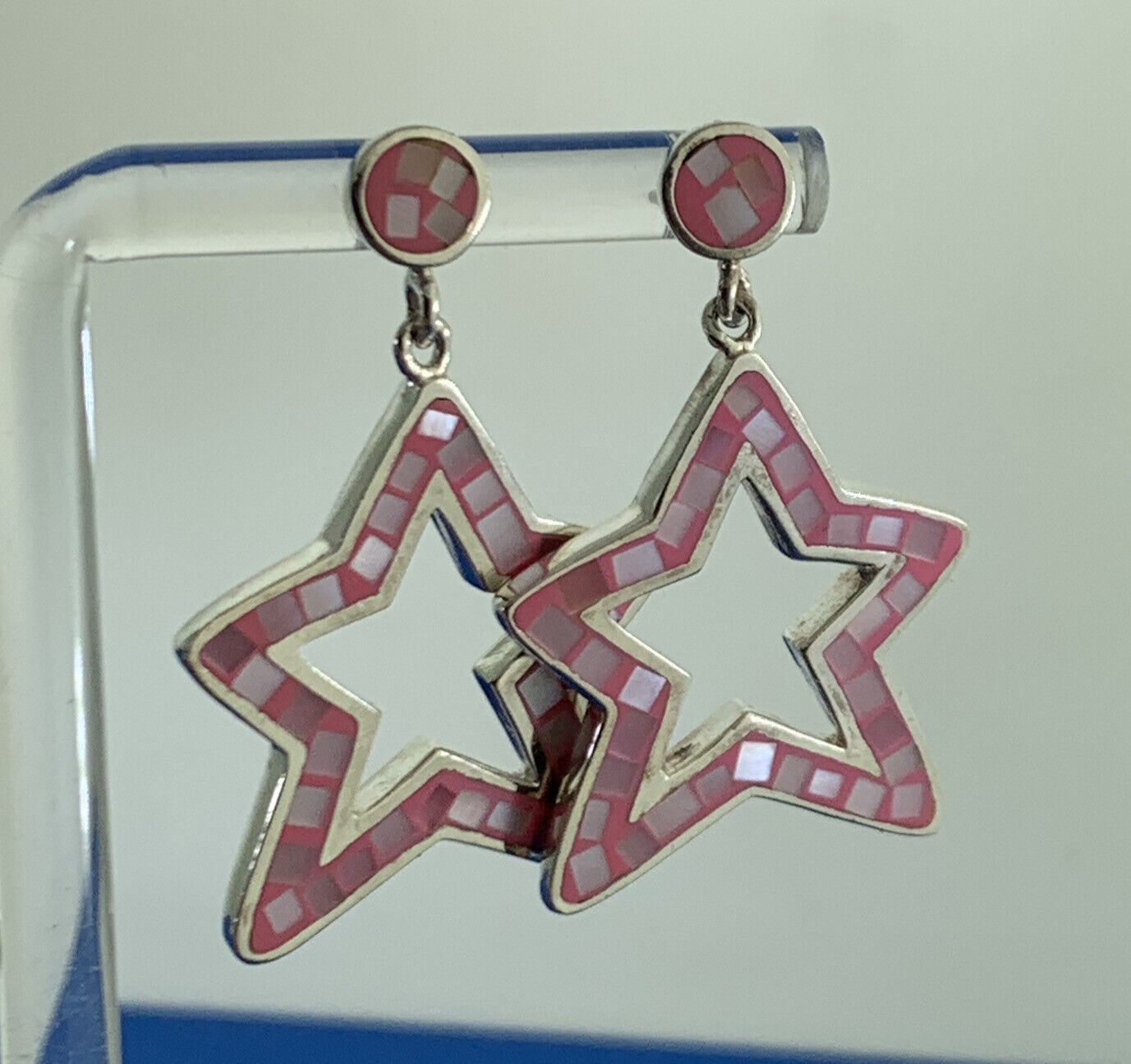 Designer Sterling Silver Mother Of Pearl Inlay Pink Enamel Star Dangle Earrings