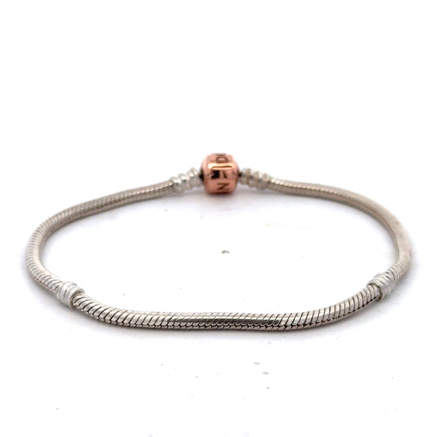 PANDORA 925 Sterling Silver Rose Gold Clasp 580702 Snake Chain Charm Bracelet