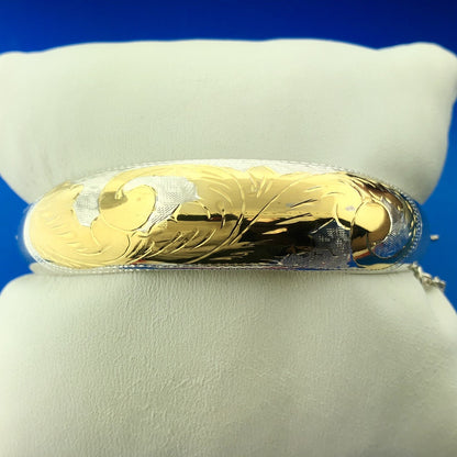 Designer CI Sterling Silver 925 Gold Two Tone Floral Scroll Hinged Cuff Bracelet
