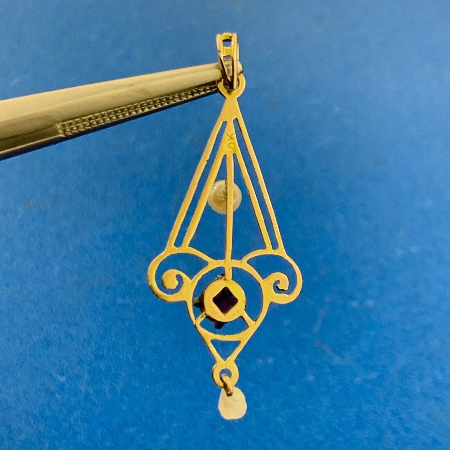 Vintage 10K Yellow Gold Amethyst Rice Pearl Dangle Filigree Swirl Pendant