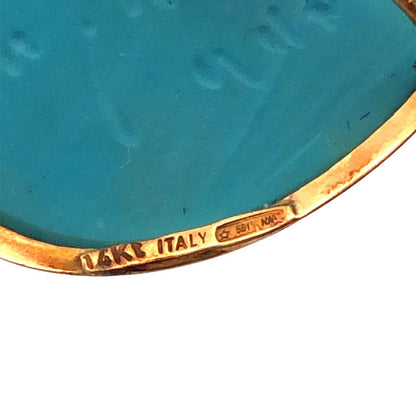Designer Vintage 14K Yellow Gold Oval Blue Carved Cameo Brooch Pendant