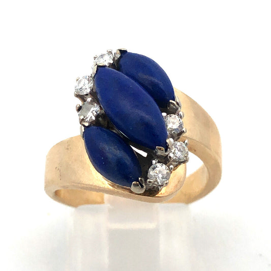 Gorgeous 14k Yellow Gold Cabochon Lapis Lazuli Diamond Bypass Ring Size 7.25