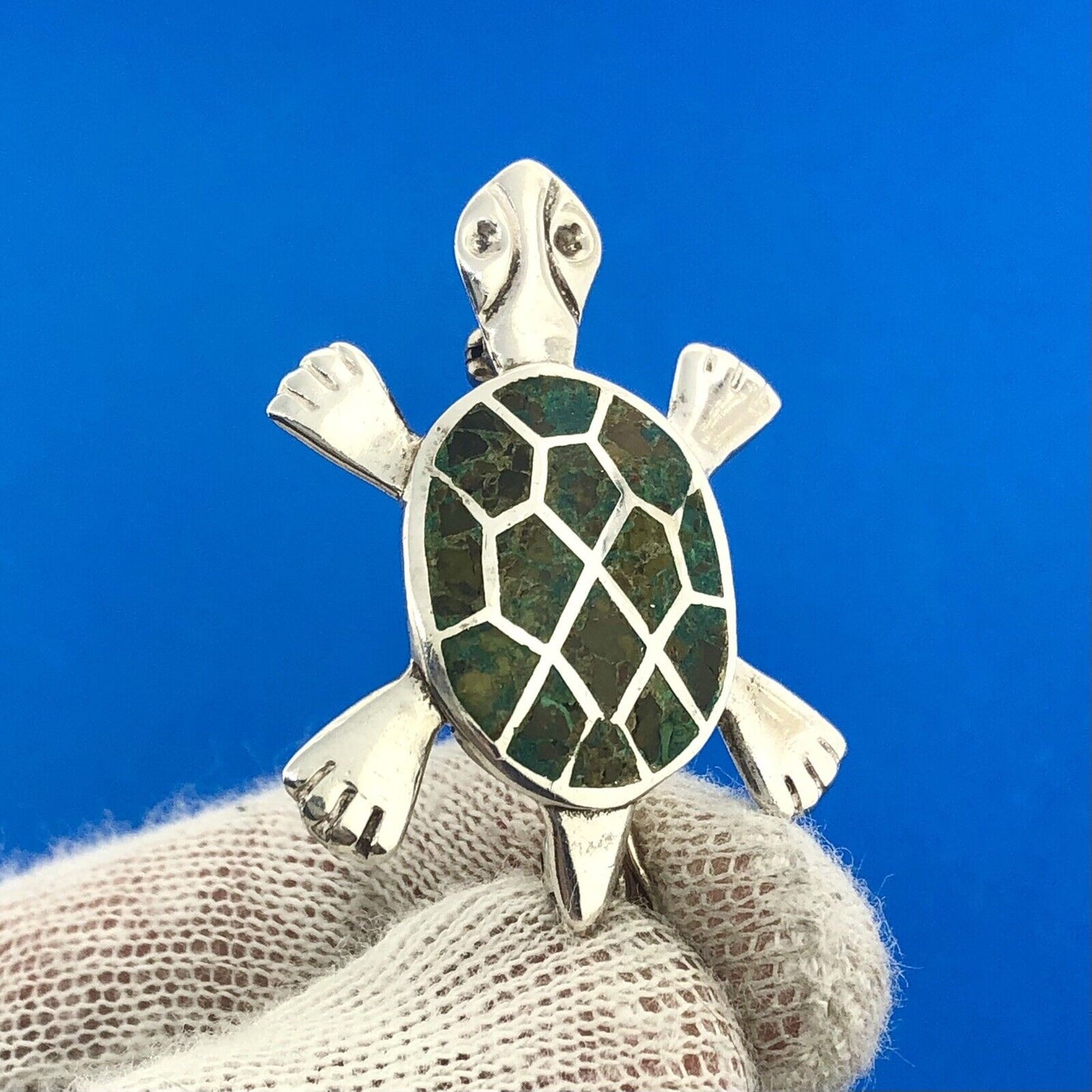Taxco Mexico Designer Miguel Melendez Sterling Silver 925 Malachite Turtle Pin