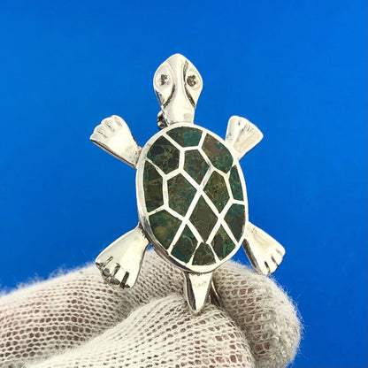 Taxco Mexico Designer Miguel Melendez Sterling Silver 925 Malachite Turtle Pin