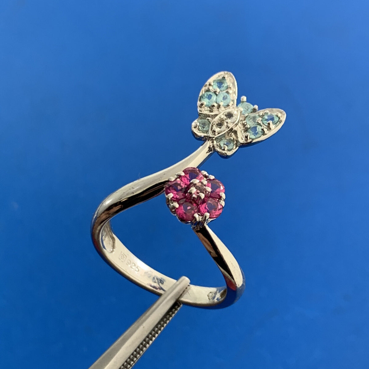 Designer Sterling Silver Pink Blue Cubic Zirconia Butterfly Flower Bypass Ring
