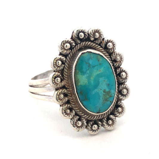 Vintage Native American Unsigned Sterling Silver Oval Turquoise Floral Bead Ring