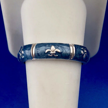 925 Sterling Silver Blue Enamel Fleur De Lis Cigar Band Ring