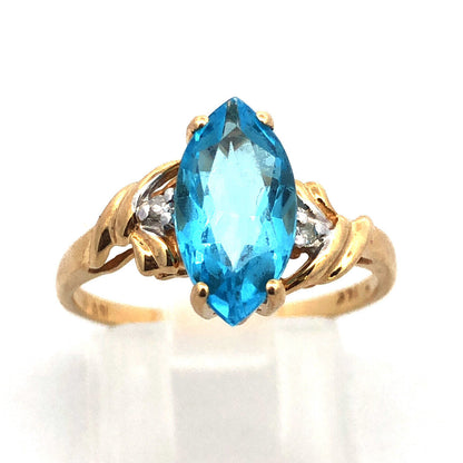 14K Yellow Gold Marquise Blue Topaz Diamond Anniversary Cocktail Statement Ring