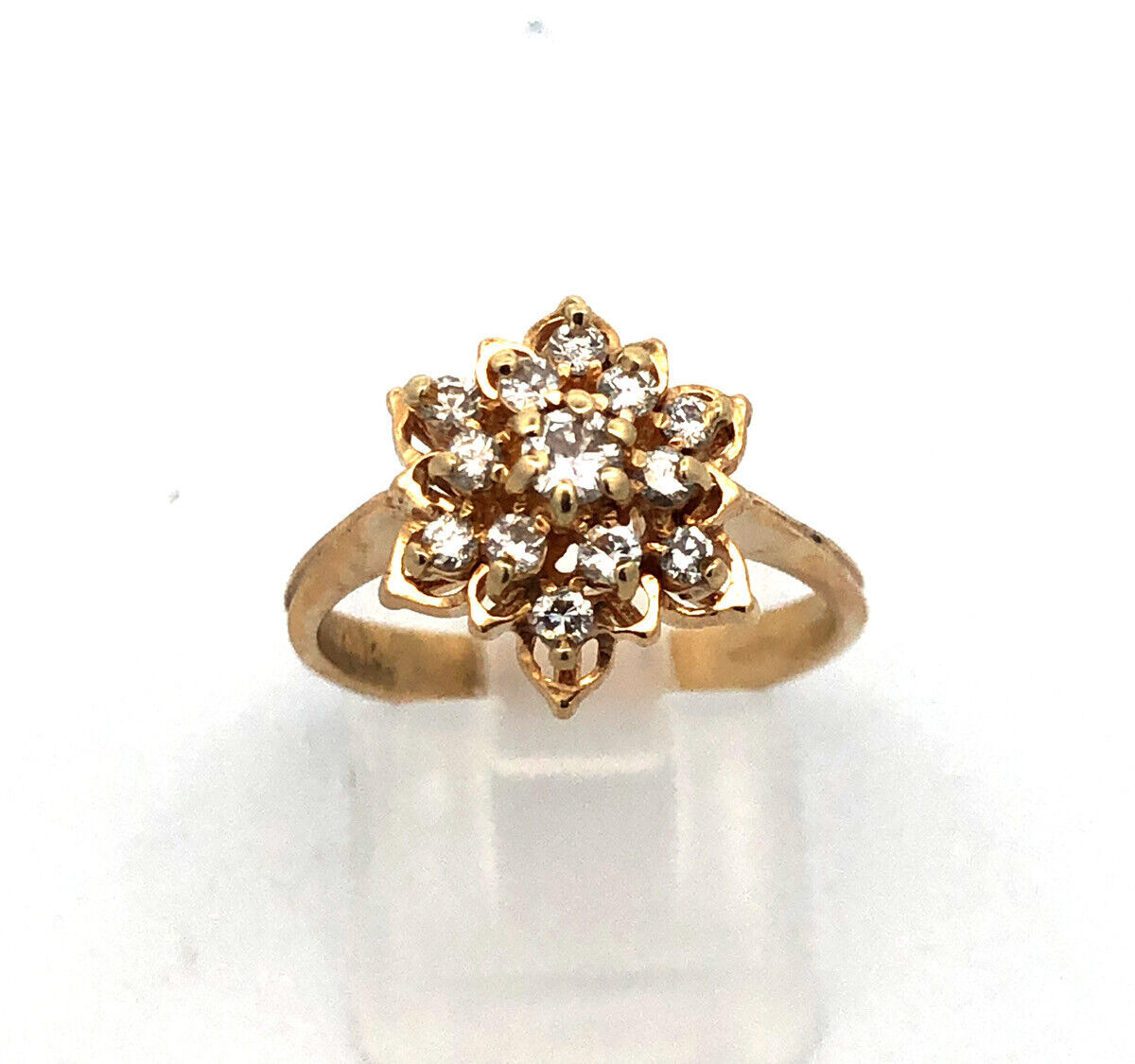 Vintage 14K Yellow Gold Round Diamond Cluster Flower Cocktail Ring