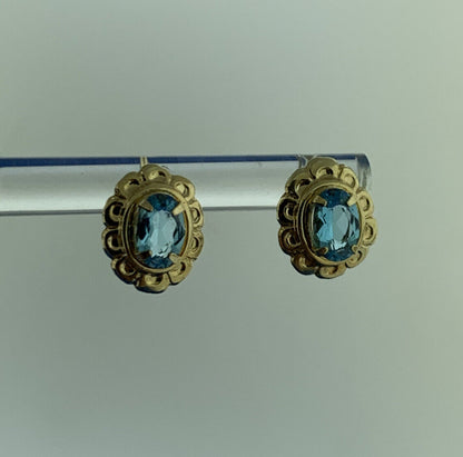 14K Yellow Gold Oval Blue Topaz December Floral Statement Stud Earrings