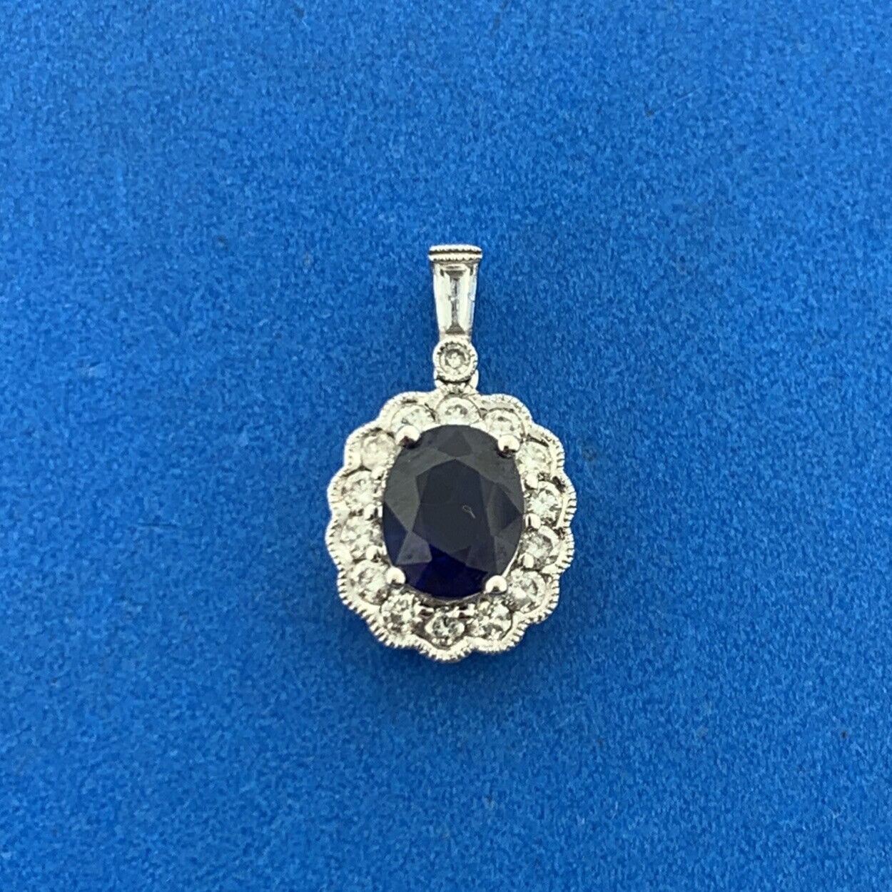 18K White Gold Sapphire Diamond Halo September Anniversary Pendant