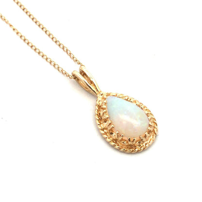 Designer 14K Yellow Gold Pear White Opal Pendant Chain Necklace