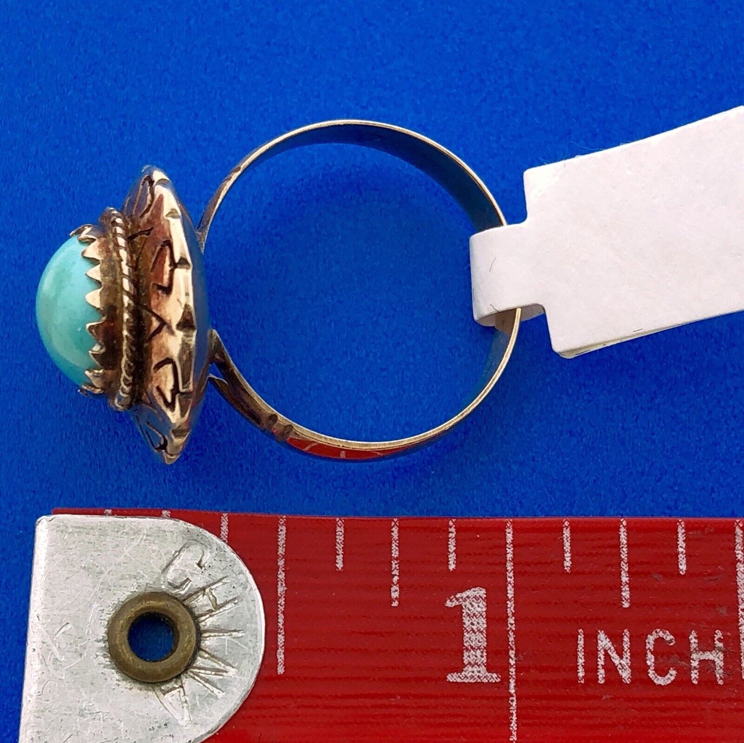 Vintage 14K Yellow Gold Turquoise Cocktail Ring Size 7.25