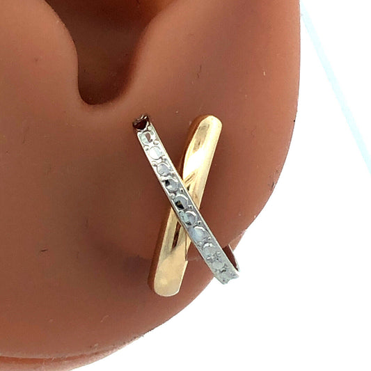 Designer 14K Yellow White Gold Textured X Criss Cross Two Tone Hoop Earrings