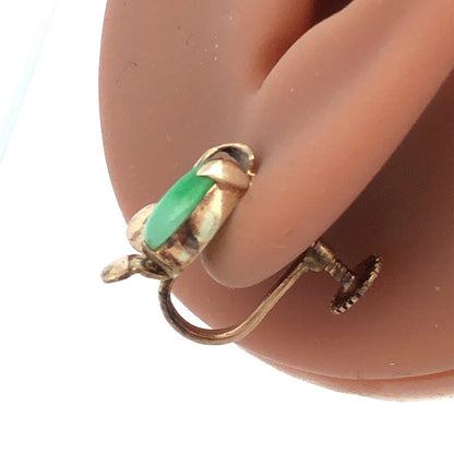 Vintage 14K Yellow Gold Pear Green Jade Cabochon Floral Screw Back Earrings