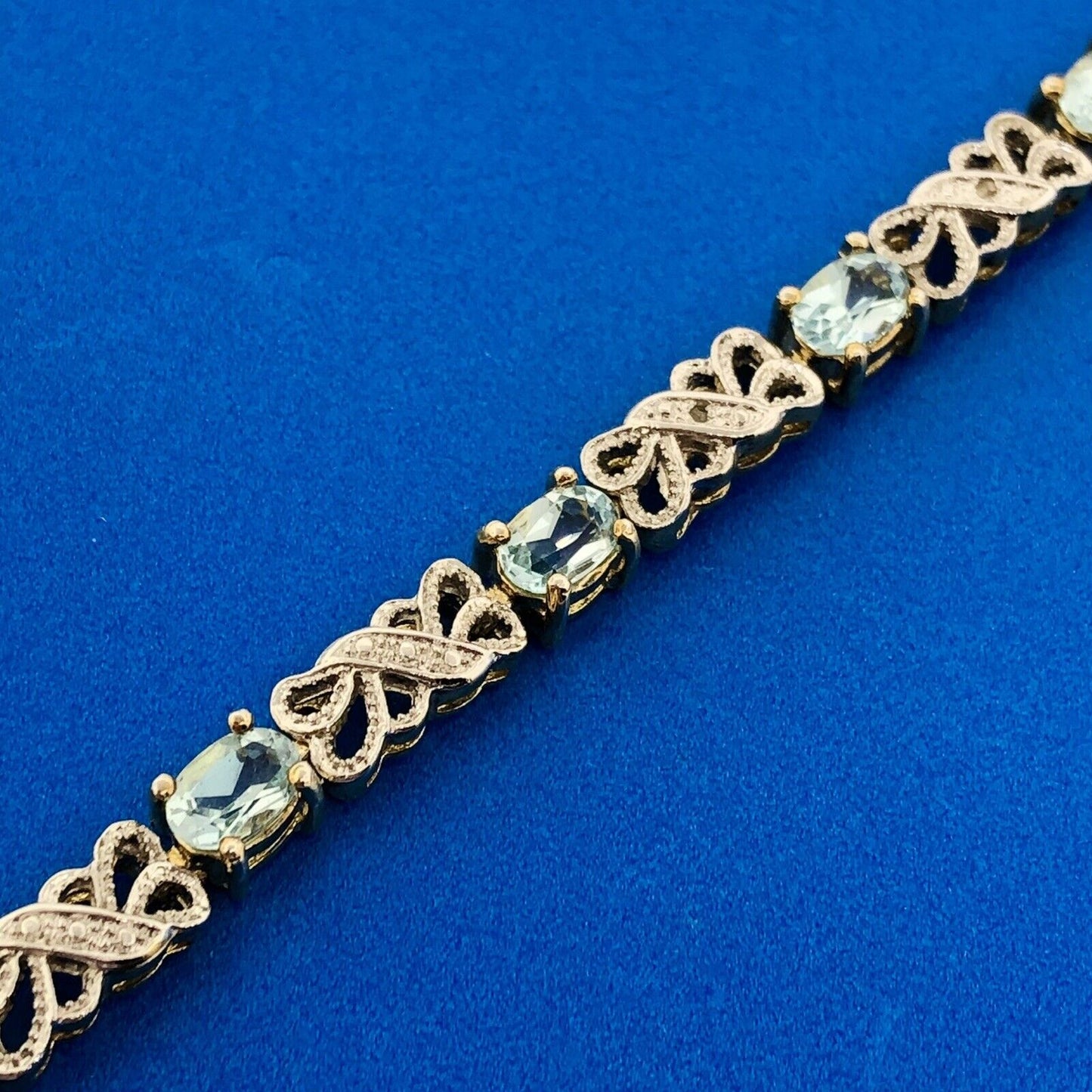 Gold Vermeil Sterling Silver 925 Blue Topaz Diamond 7.5" Tennis Bracelet