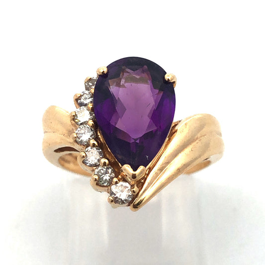 Gorgeous Modern 14k Yellow Gold Pear Cut Amethyst Diamond Accent Ring Size 5.75