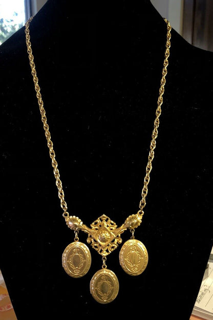 Arthur Pepper Mid Century Gold Tone Oval Locket Double Chain Statement Necklace