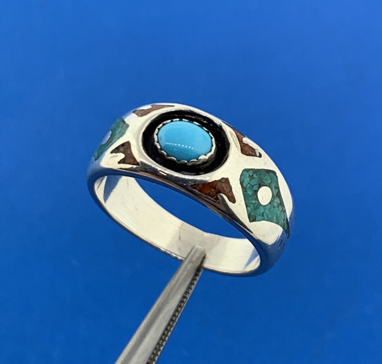 Native American T.J.W. Sterling Silver 925 Turquoise Coral Inlay Band Ring